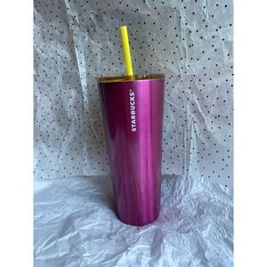 New Starbucks 2023 Venti SS Cold Cup Petunia Pink w/ Yellow Lid & Straw